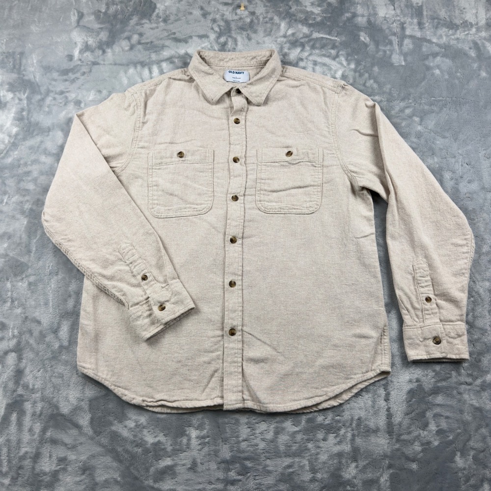 Old Navy Mens Flannel Shirt Large Beige Double Brushed Cotton Button Down L